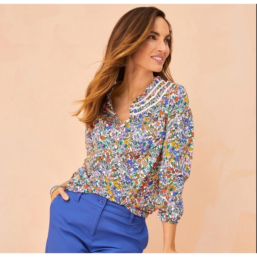 Talbots Womens Cotton Ditzy Floral Popover Top Size XL Prairie Peasant Country‎